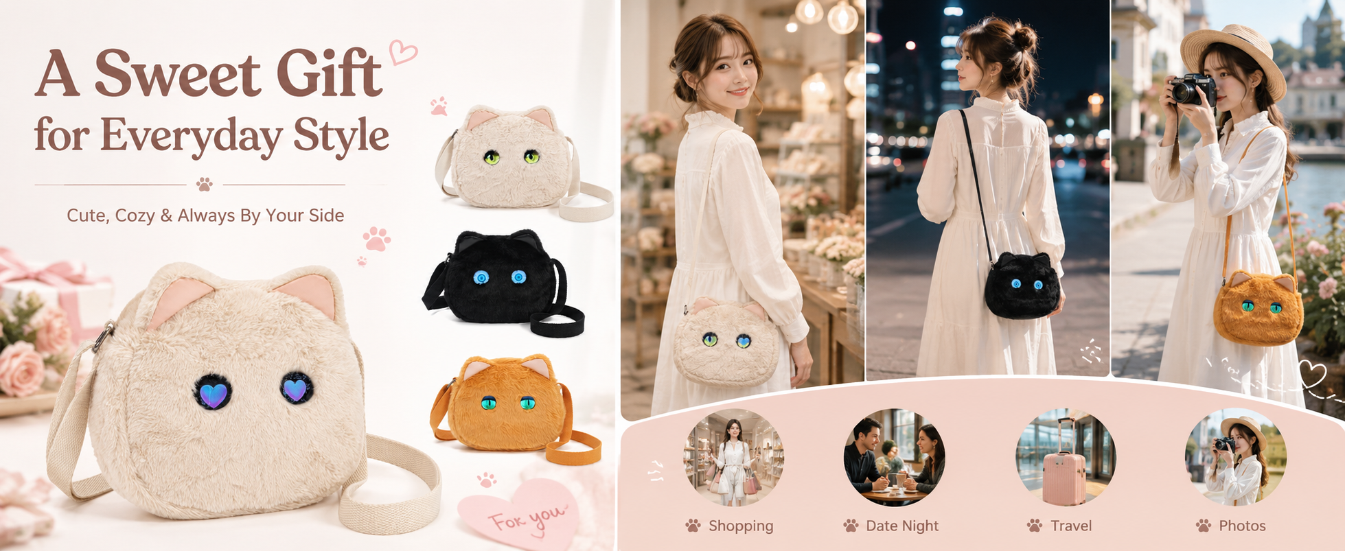 Cute Plush Cat Crossbody Bag with LED Animated Eyes, 6 Dynamic Eye Modes Fluffy Kitty Shoulder Purse, Kawaii Cartoon Cat Face Furry Sling Bag for Women Girls Daily Outfit Dating Gift