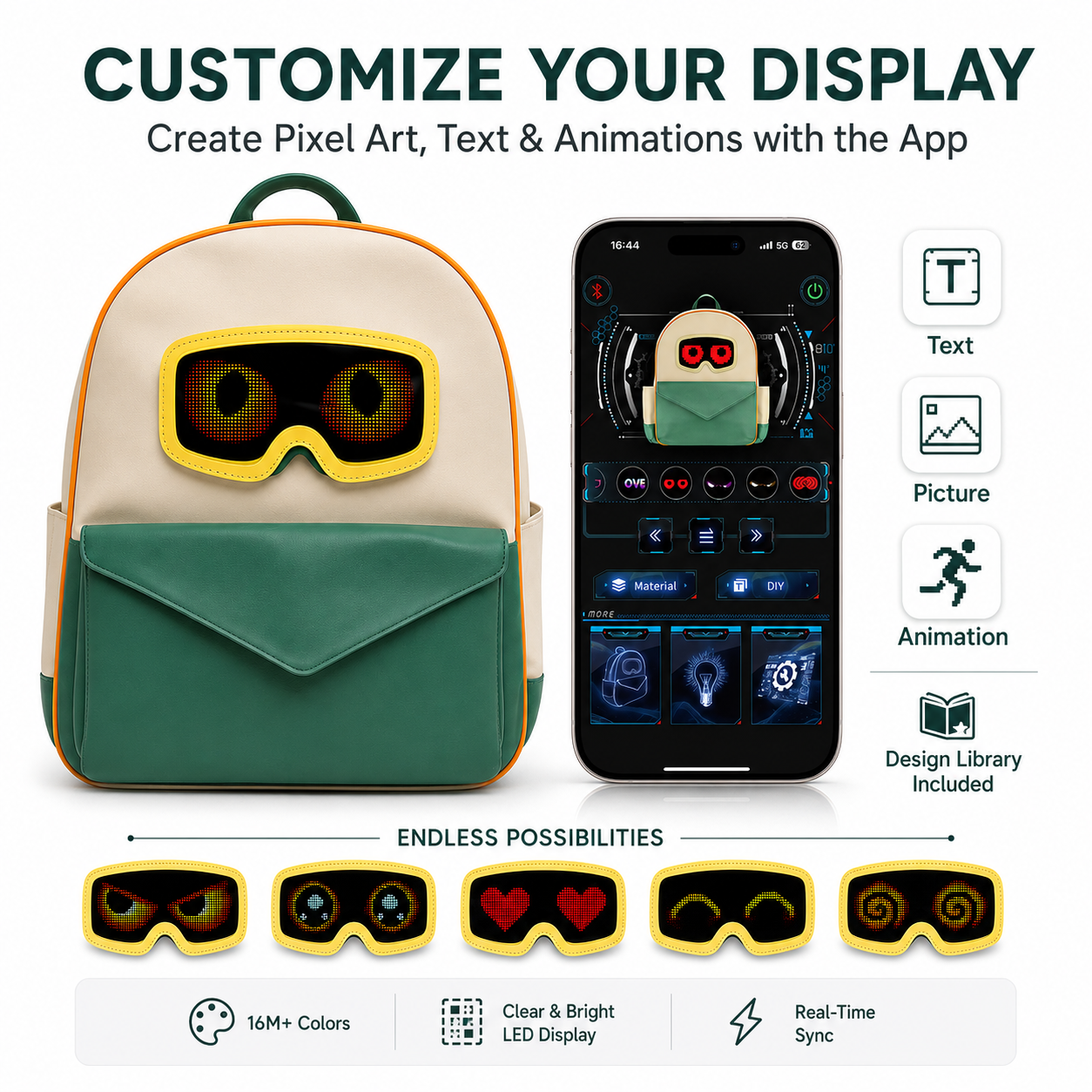 Gelrova Smart LED Display Backpack,T10, Loy APP Bluetooth Custom Text Image Animation LED Display Backpack, Splash Resistant PU Daypack for Adults & Kids,, DIY Customizable Pixel Animation Backpack via Loy APP Bluetooth