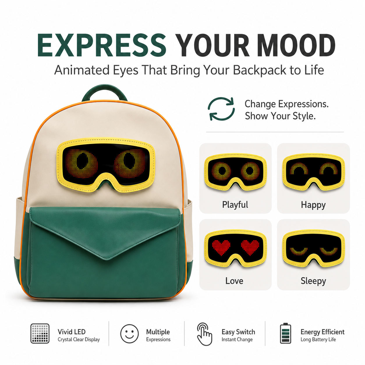 Gelrova Smart LED Display Backpack,T10, Loy APP Bluetooth Custom Text Image Animation LED Display Backpack, Splash Resistant PU Daypack for Adults & Kids,, DIY Customizable Pixel Animation Backpack via Loy APP Bluetooth