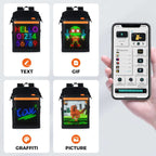 Gelrova LED Backpack – Clash Series 17" displaying TEXT, GIF, GRAFFITI, and PICTURE designs with a smartphone App.