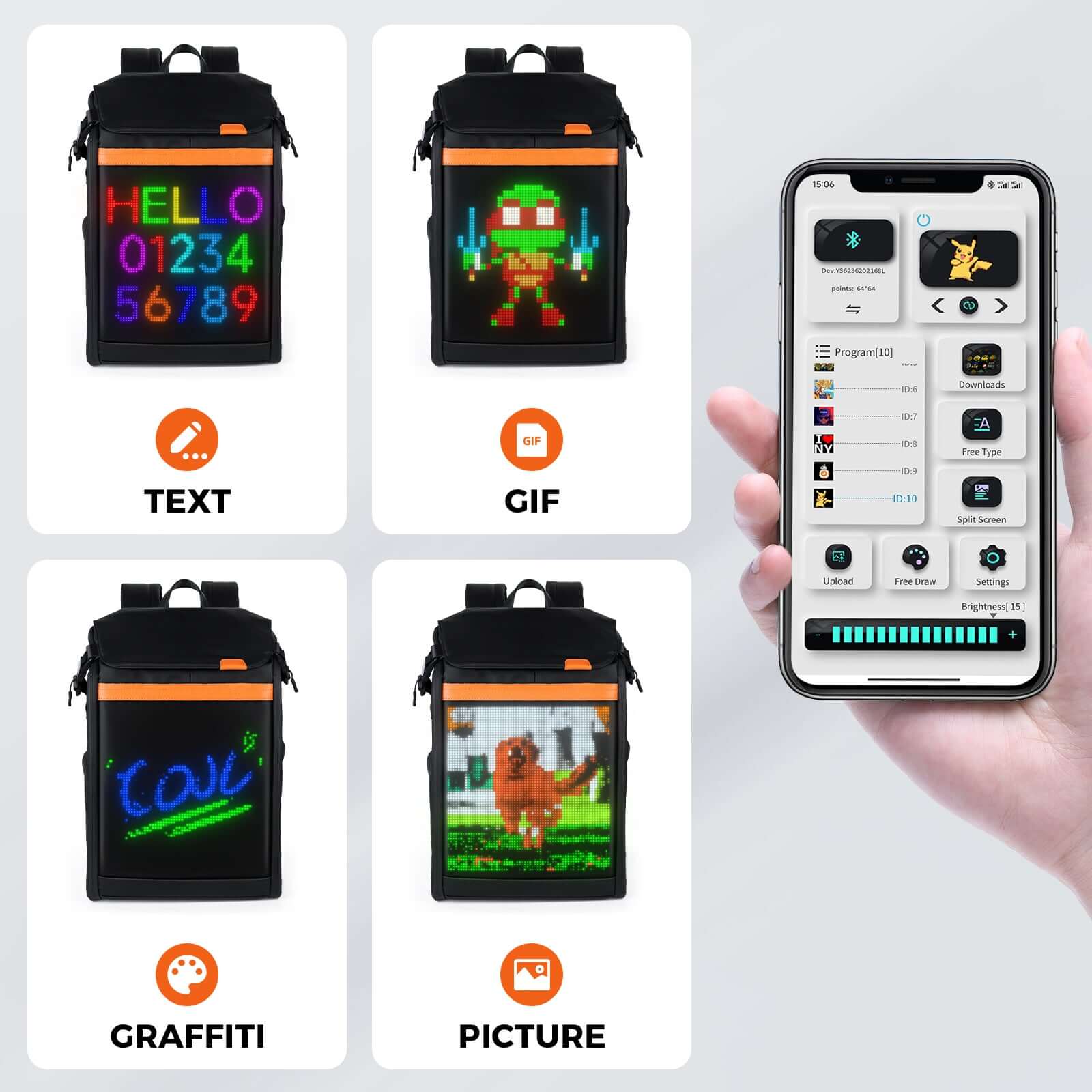 Gelrova LED Backpack – Clash Series 17" displaying TEXT, GIF, GRAFFITI, and PICTURE designs with a smartphone App.