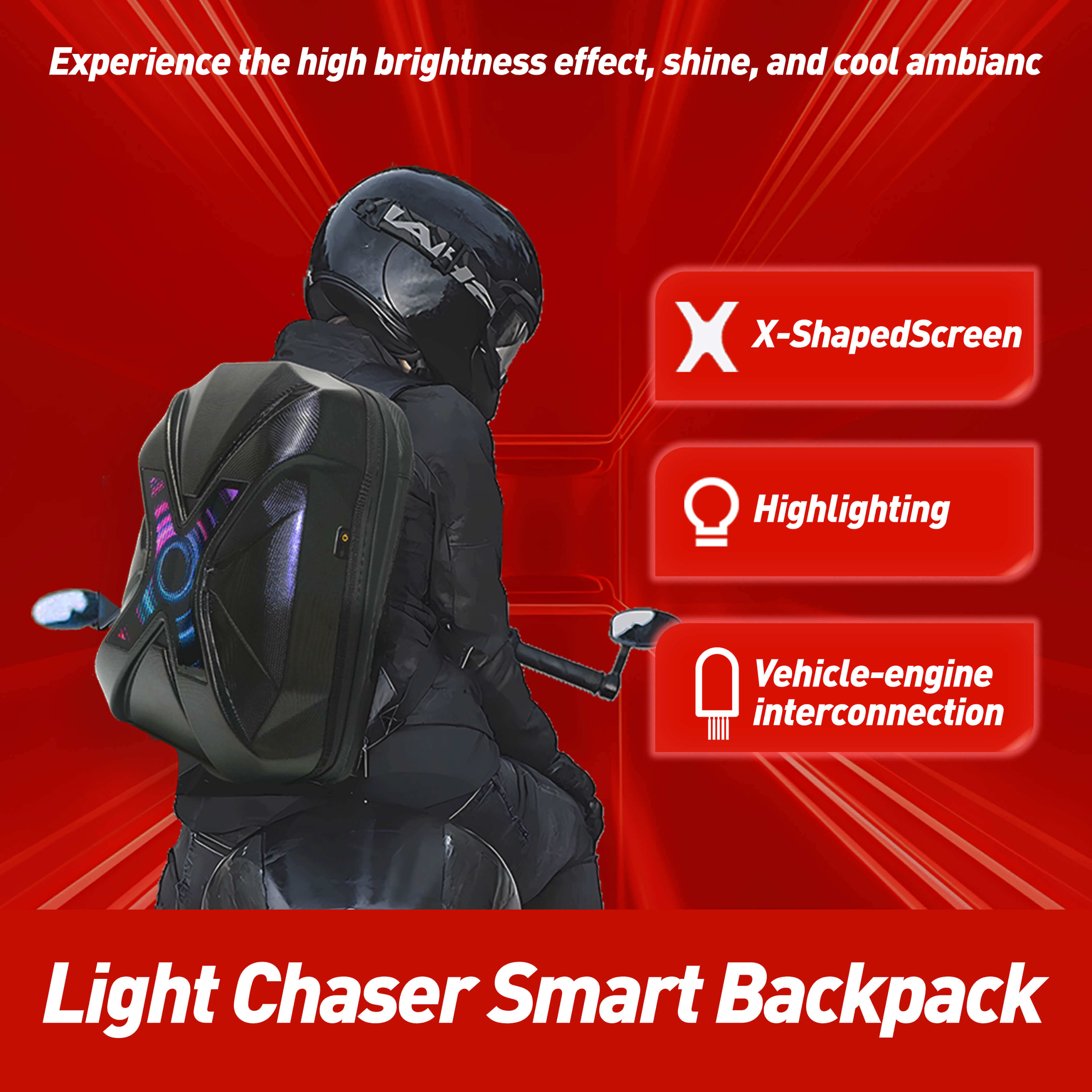 Gelrova LED Motorcycle Backpack – X Series features X-shaped screen and vehicle-engine interconnection for enhanced ride.