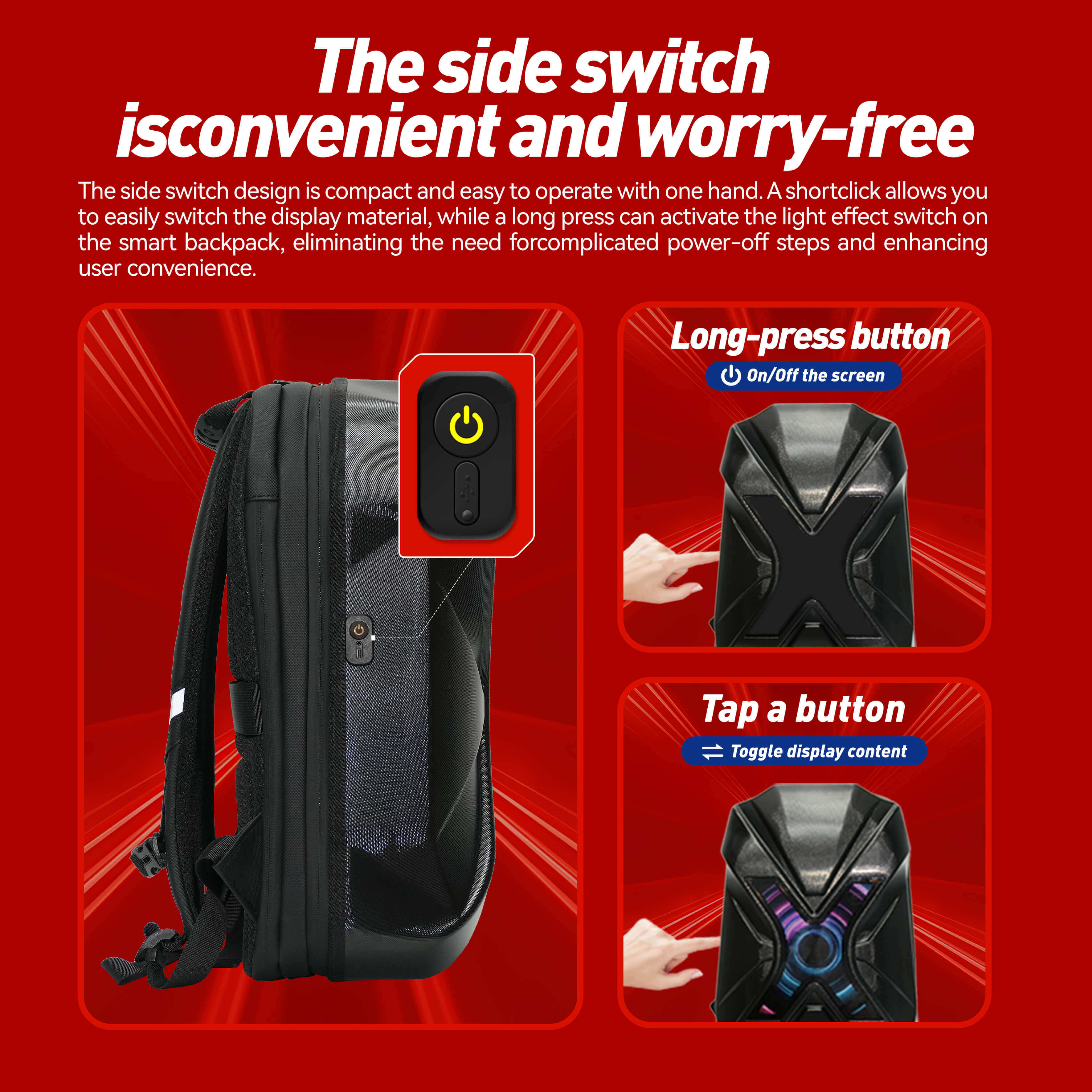 Gelrova LED Motorcycle Backpack side switch features for easy operation and control of display effects.
