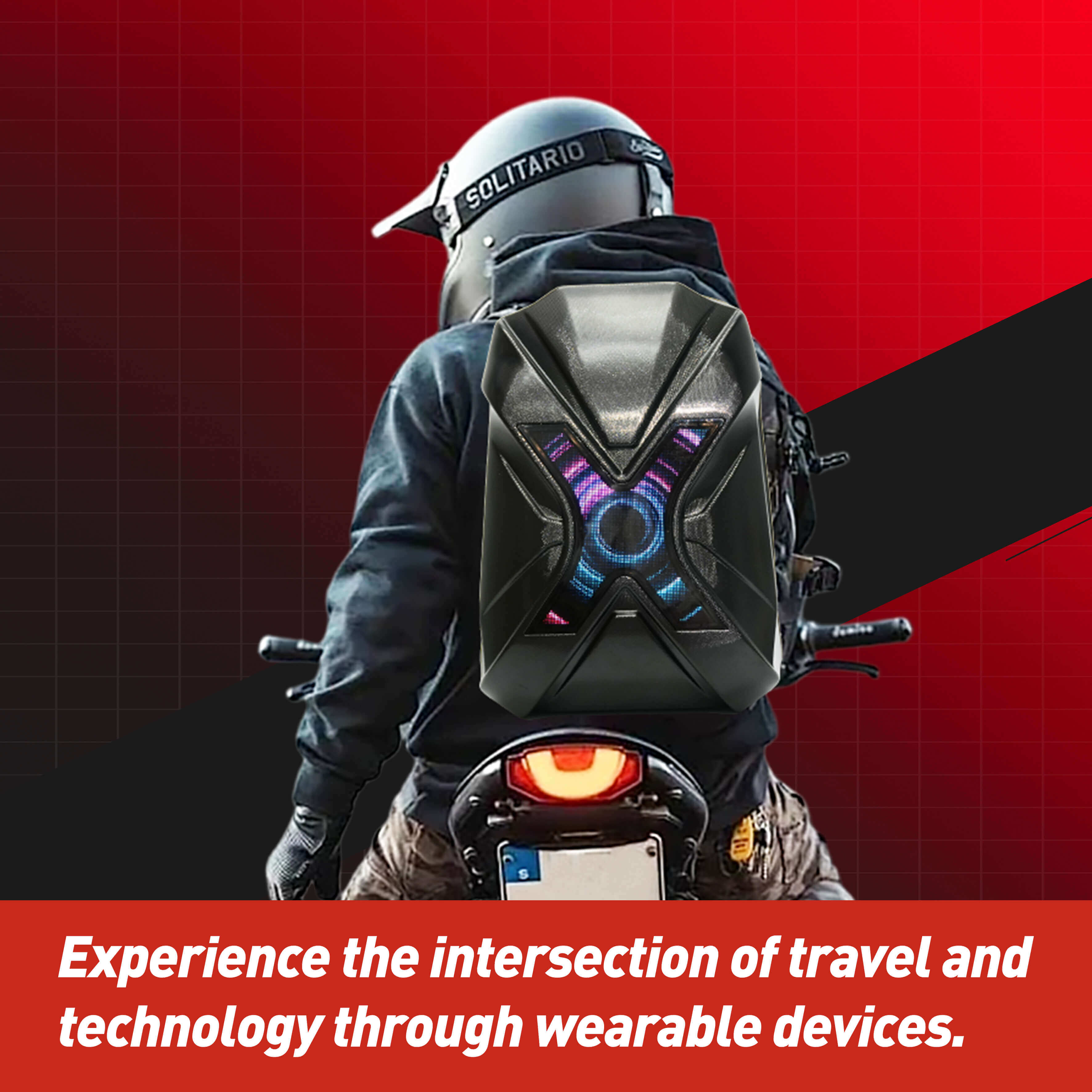 Gelrova LED Motorcycle Backpack X Series on rider, showcasing futuristic design and app-controlled LED display.