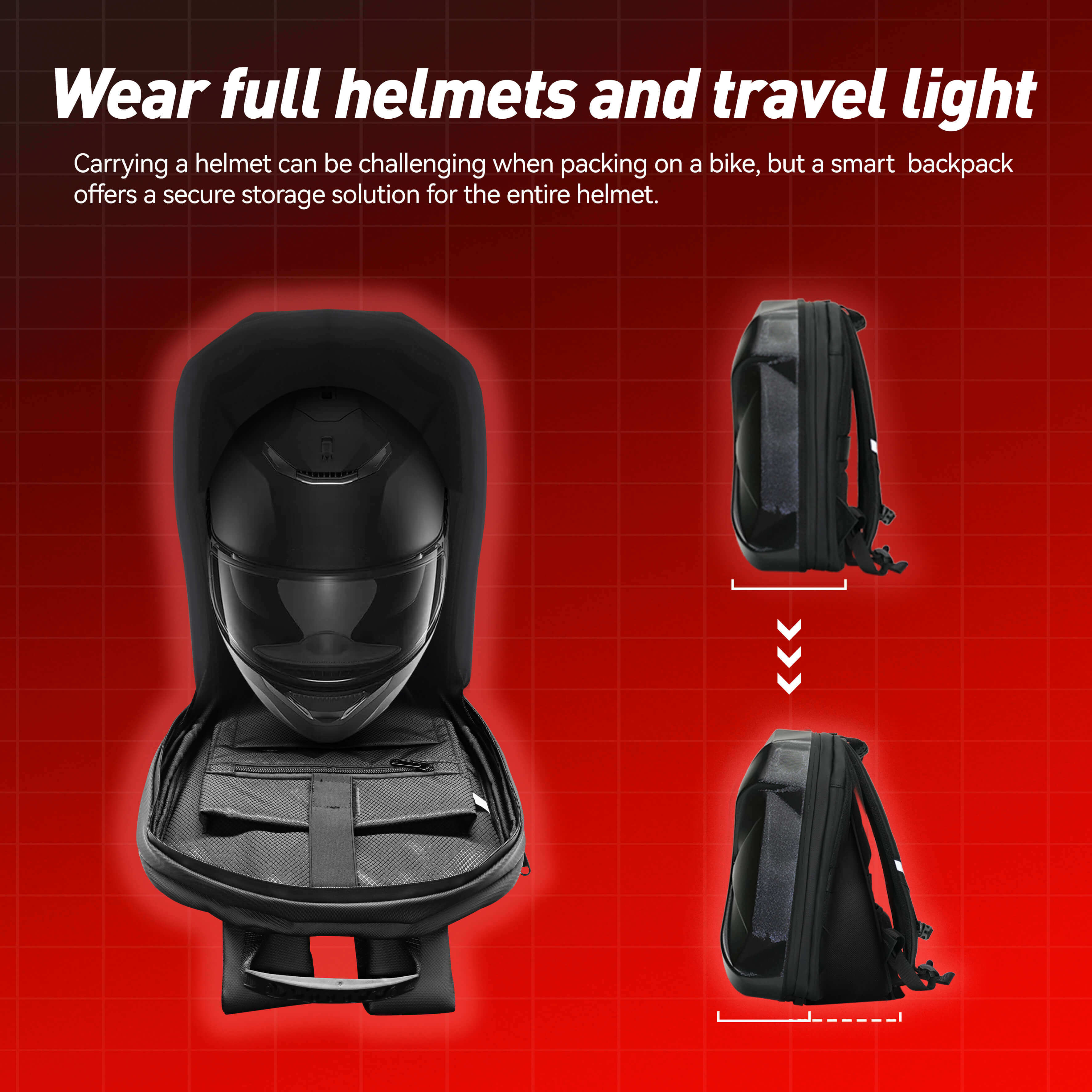 Gelrova LED Motorcycle Backpack showcasing helmet storage and lightweight design for easy travel.