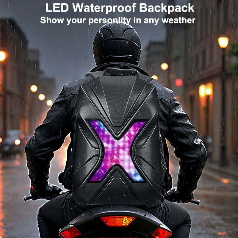 Person riding motorcycle with Gelrova LED Motorcycle Backpack – X Series featuring colorful LED display and waterproof design.