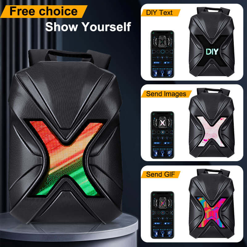Gelrova LED Motorcycle Backpack – X Series showcasing customizable LED display for DIY text, images, and GIFs.