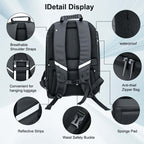 Detail display of Gelrova LED Motorcycle Backpack – X Series showing features like breathable straps, waterproof material, and anti-theft zipper.
