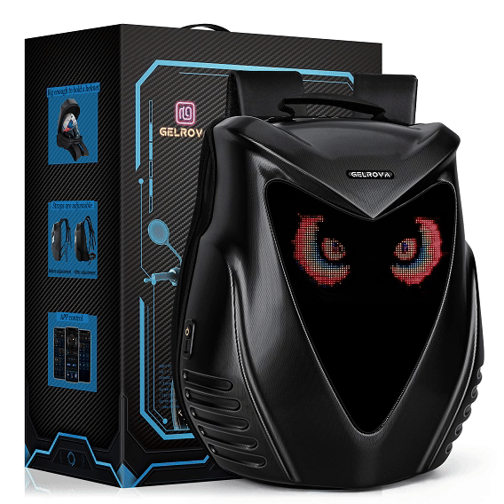 Gelrova Owl Eyes LED Motorcycle Backpack with vibrant owl eye LED display and sleek design.