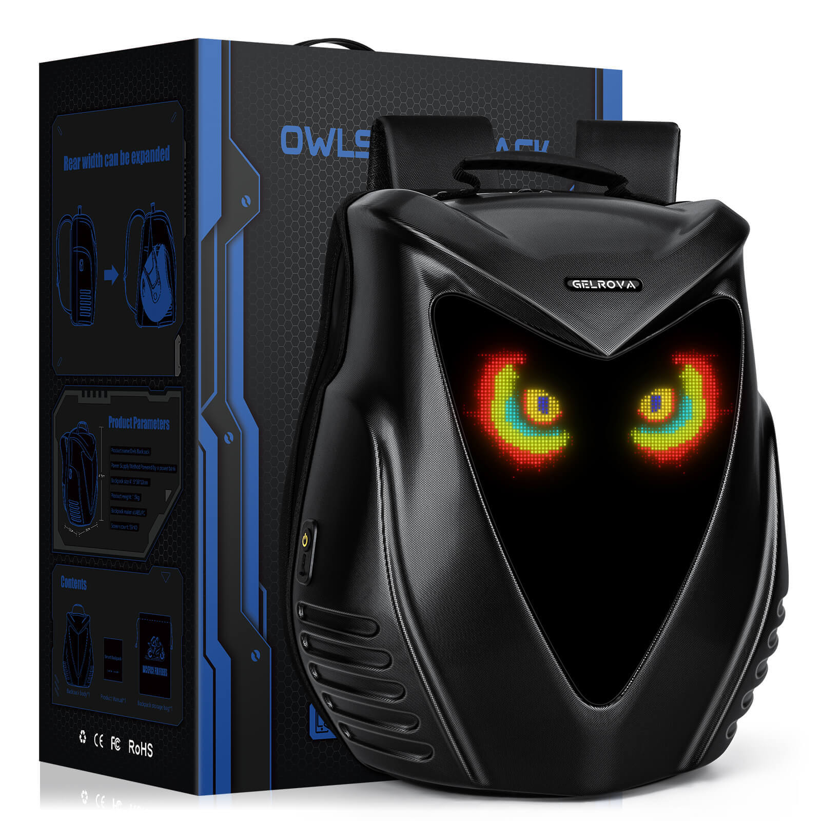 Gelrova Owl Eyes LED Motorcycle Backpack displaying vibrant owl eyes design, sleek hard-shell style with storage features.