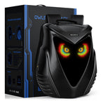 Gelrova Owl Eyes LED Motorcycle Backpack displaying vibrant owl eyes design, sleek hard-shell style with storage features.