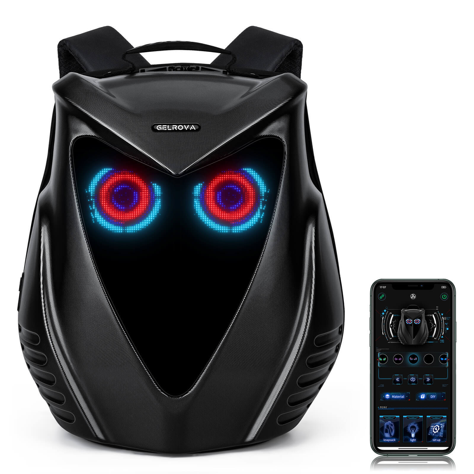 Gelrova Owl Eyes LED Motorcycle Backpack showcasing dynamic LED owl eye design with remote control.