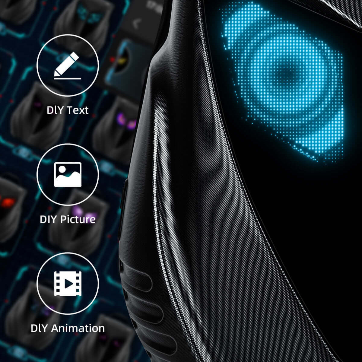 Close-up of Gelrova Owl Eyes LED Motorcycle Backpack showcasing its vibrant LED display and DIY features.