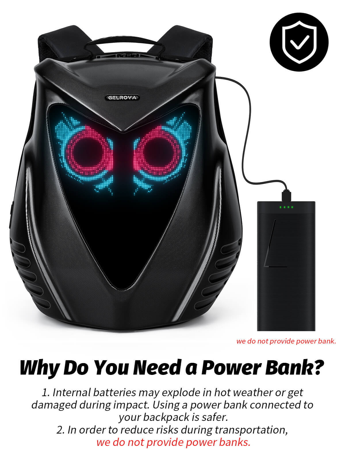Gelrova Owl Eyes LED Motorcycle Backpack with vibrant LED display and power bank safety tips.