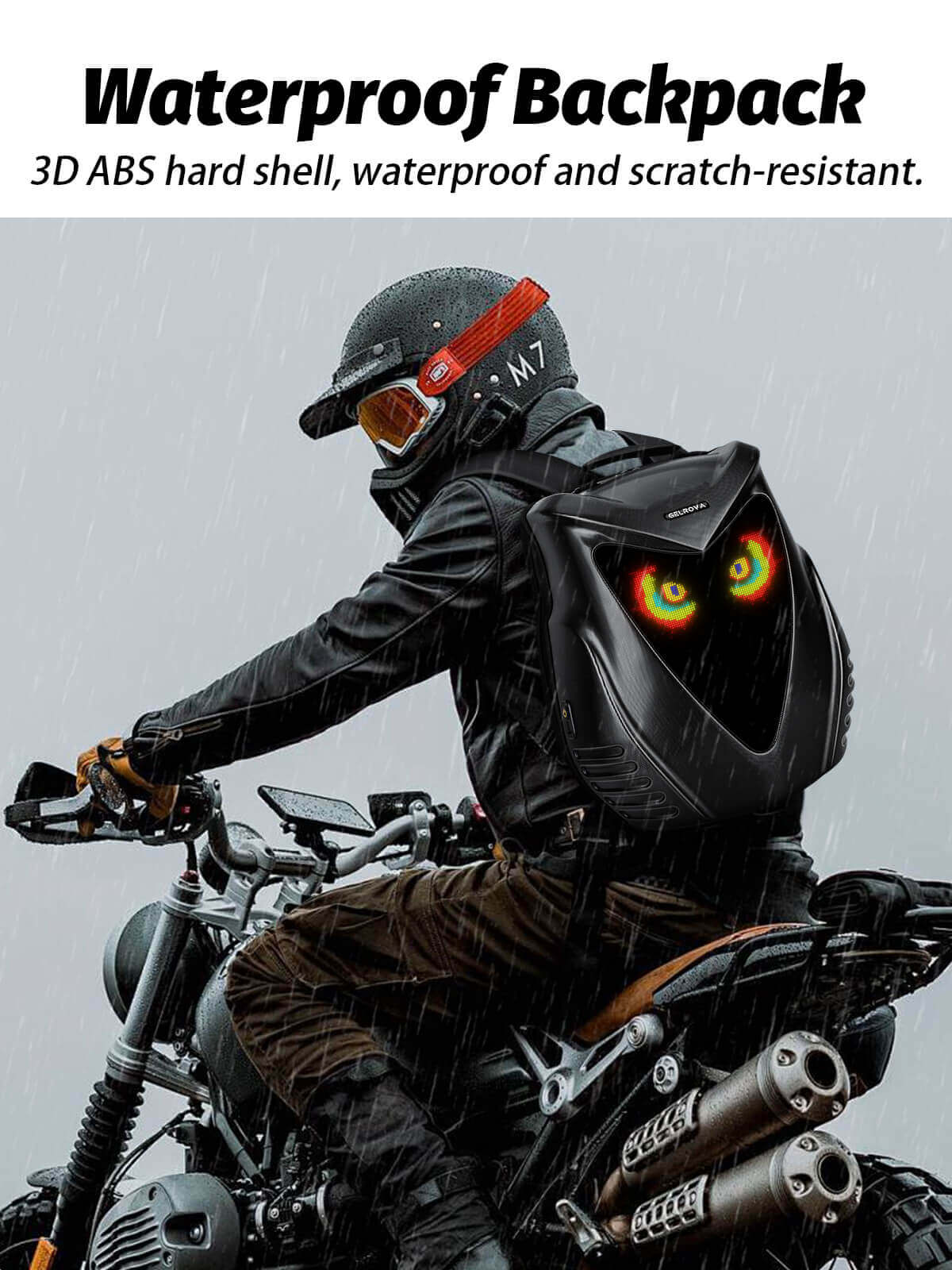 Gelrova Owl Eyes LED Motorcycle Backpack on a rider in the rain, showcasing its waterproof and scratch-resistant design.