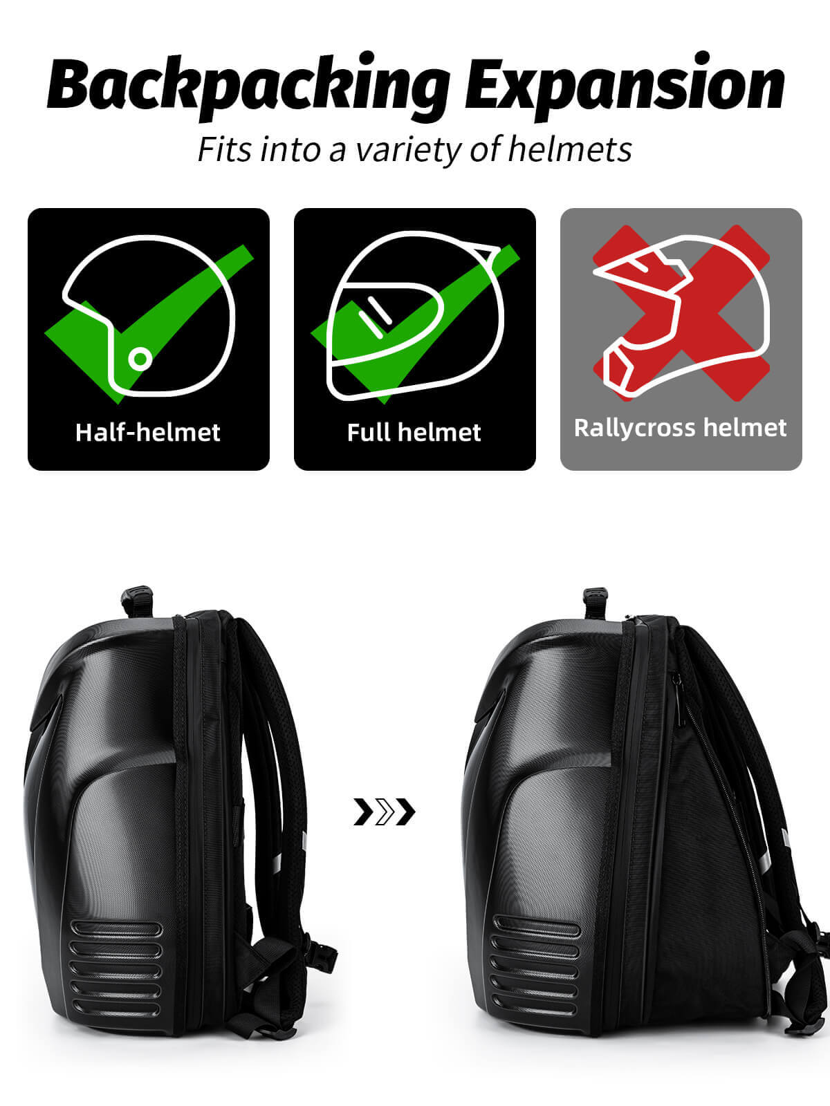 Gelrova Owl Eyes LED Motorcycle Backpack expansion fitting various helmet styles including half and full helmets.