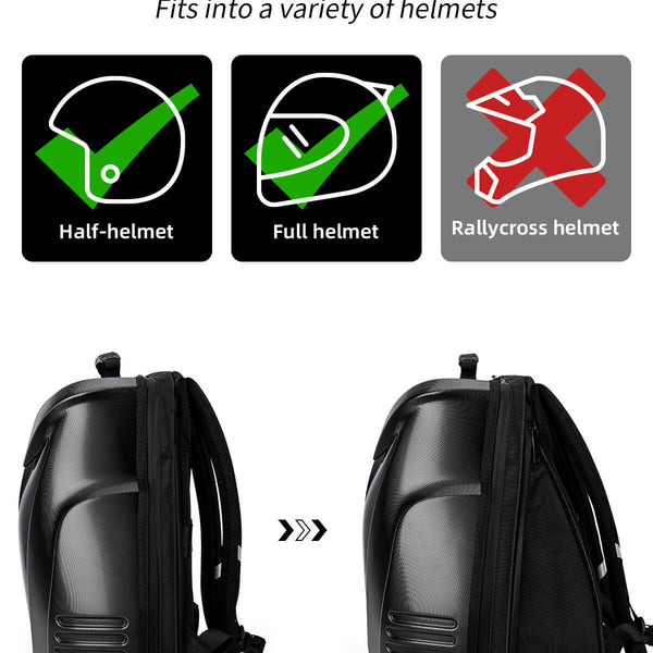 Gelrova Owl Eyes LED Motorcycle Backpack expansion fitting various helmet styles including half and full helmets.