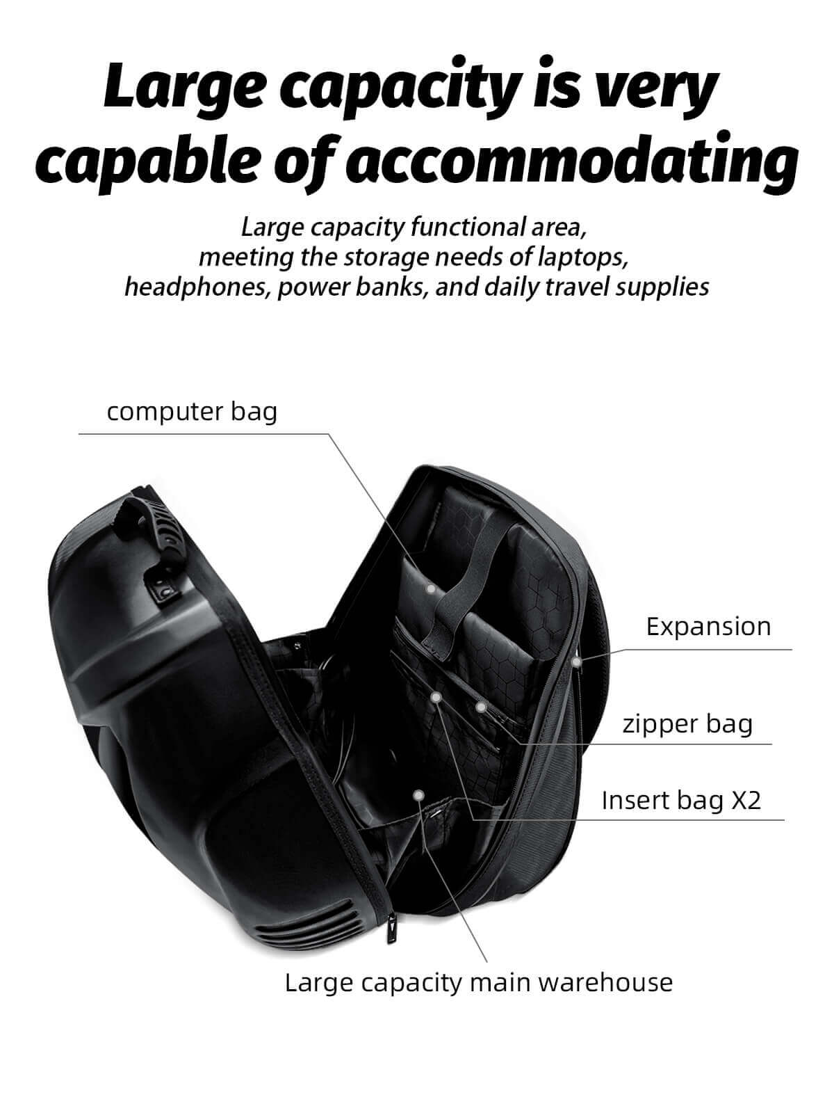 Interior view of Gelrova Owl Eyes LED Motorcycle Backpack showcasing large capacity and organized storage compartments.