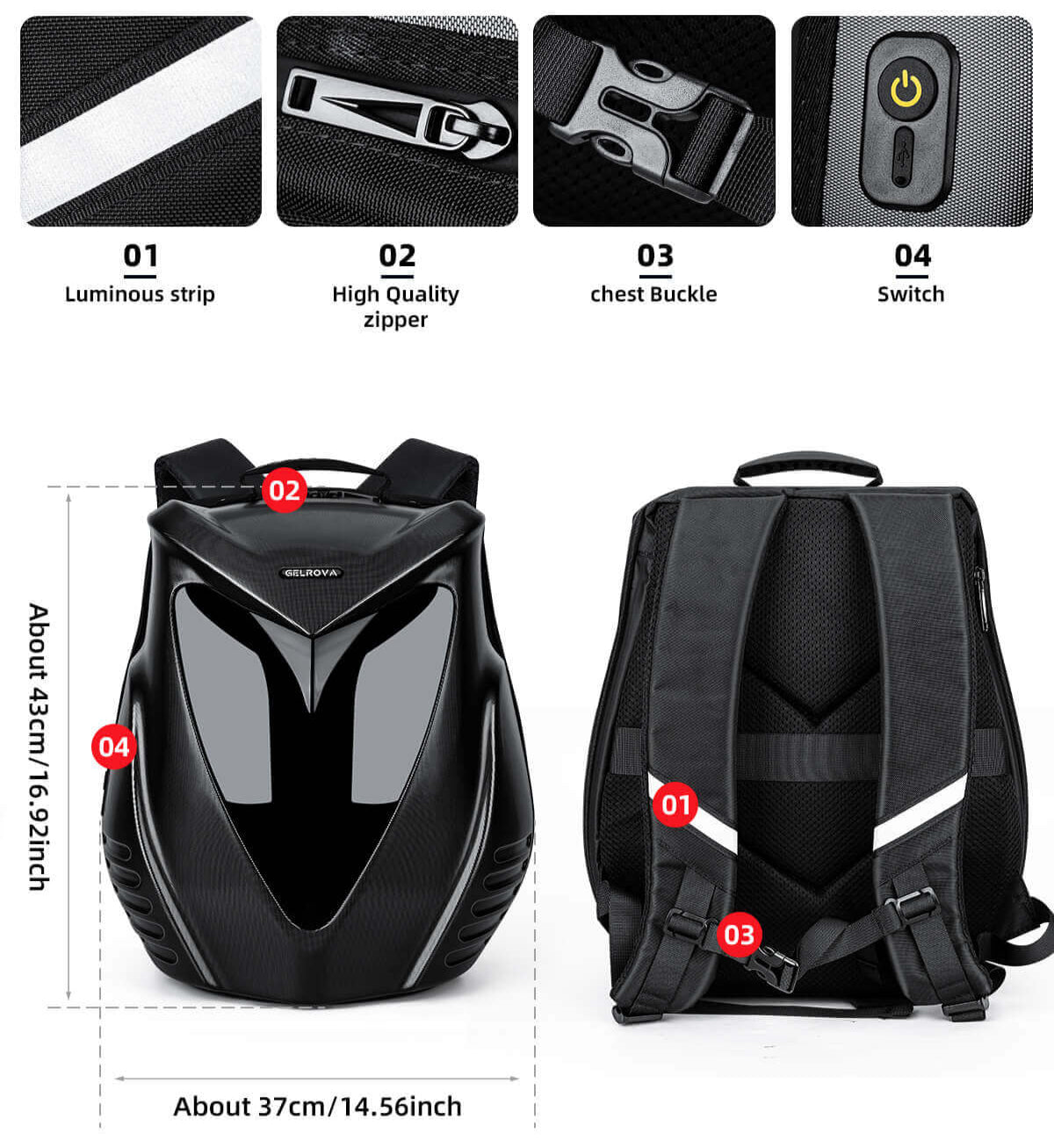 Gelrova Owl Eyes LED Motorcycle Backpack features luminous strip, high-quality zipper, chest buckle, and switch for easy access.