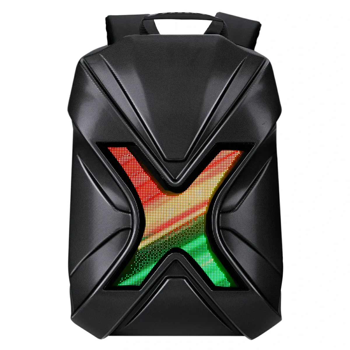 Gelrova LED Motorcycle Backpack – X Series with bold raised 'X' and colorful LED display for dynamic visuals.