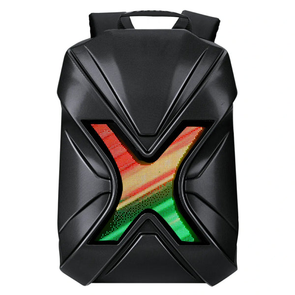 Gelrova LED Motorcycle Backpack – X Series with bold raised 'X' and colorful LED display for dynamic visuals.