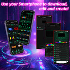 Smartphone interface for the Gelrova app showing how to effortlessly create custom text, doodles, and GIFs for the car LED sign.