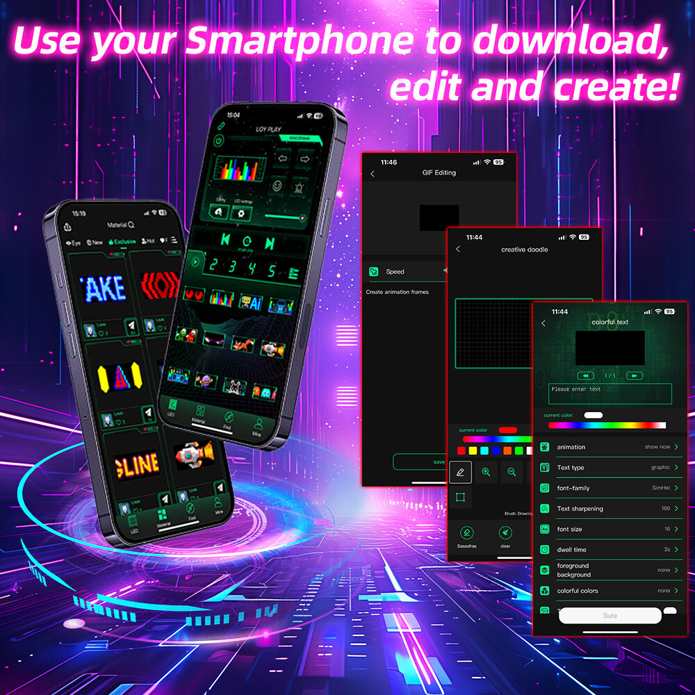 Smartphone interface for the Gelrova app showing how to effortlessly create custom text, doodles, and GIFs for the car LED sign.