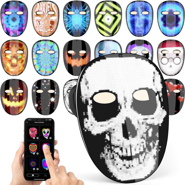 Gelrova CyberFace X - HD Video & Voice Control Light Up Mask displaying various designs and smartphone control.