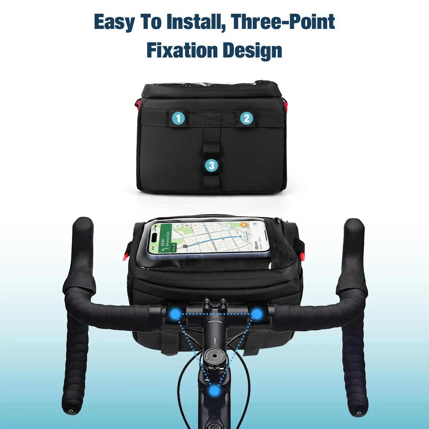 Easy 3-point velcro fixation design of the Gelrova bike bag ensuring a secure and stable fit on bicycle handlebars.