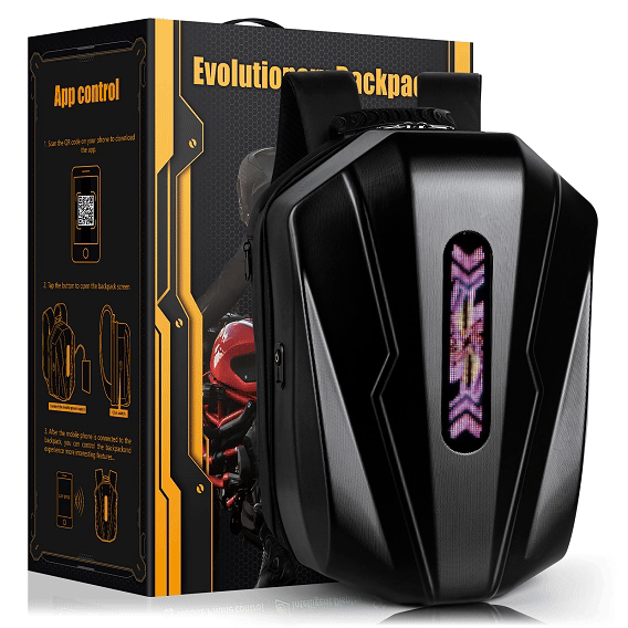 Animated LED screen on Gelrova LED Motorcycle Backpack - Evolution Series displaying dynamic graphics
