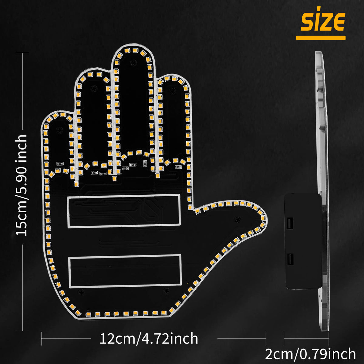 Size dimensions of the LED car hand gesture light - 15cm height by 12cm width fit for all vehicles.