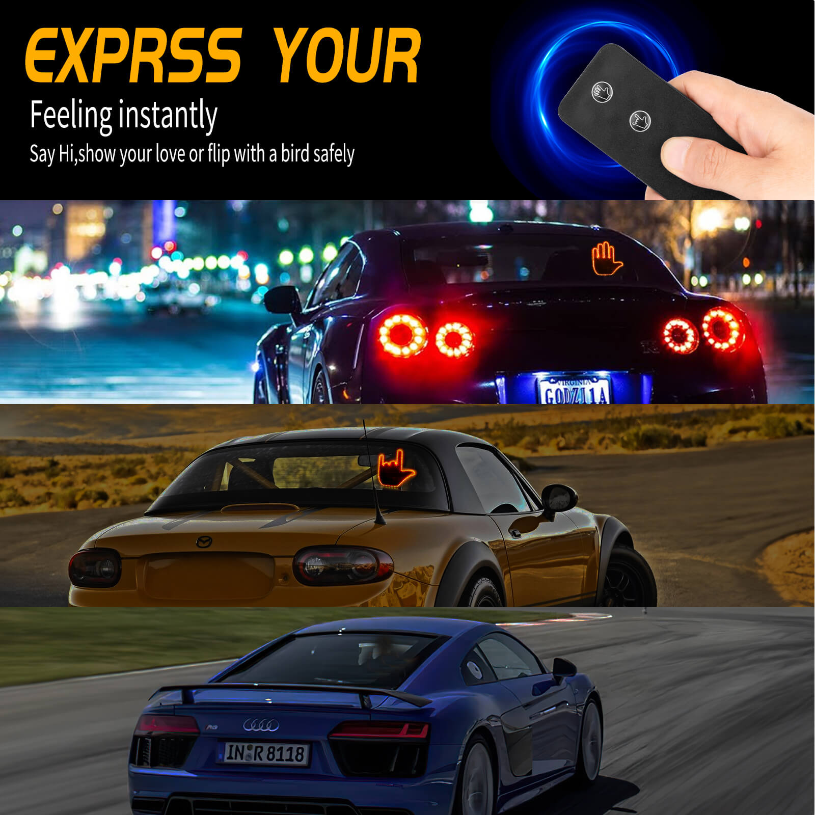 Expressing feelings instantly while driving using Gelrova LED car rear window sign in day and night conditions.