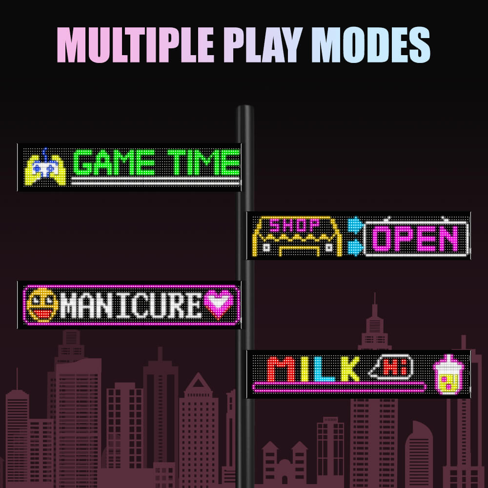Examples of various messages and animations displayed on the Car Window LED Display, demonstrating its multiple play modes for business, events, or personal expression.