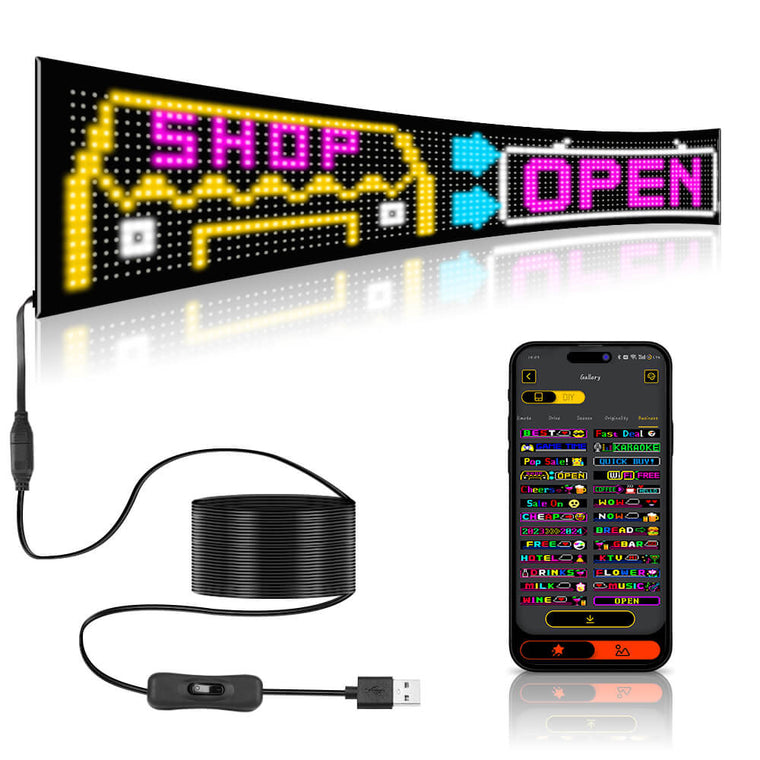 The complete Gelrova programmable Car Window LED Display kit, featuring the flexible display panel, the long USB cable, and the powerful smartphone control app.