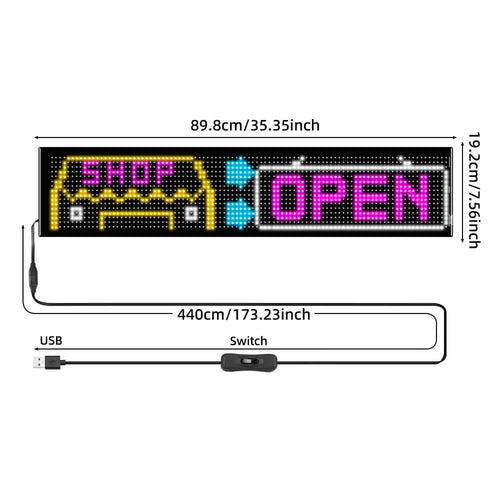 Detailed dimensions of the Car Window LED Display, showing its 35.35-inch length and 7.56-inch height, along with a 14.7ft USB power cable with an inline switch.
