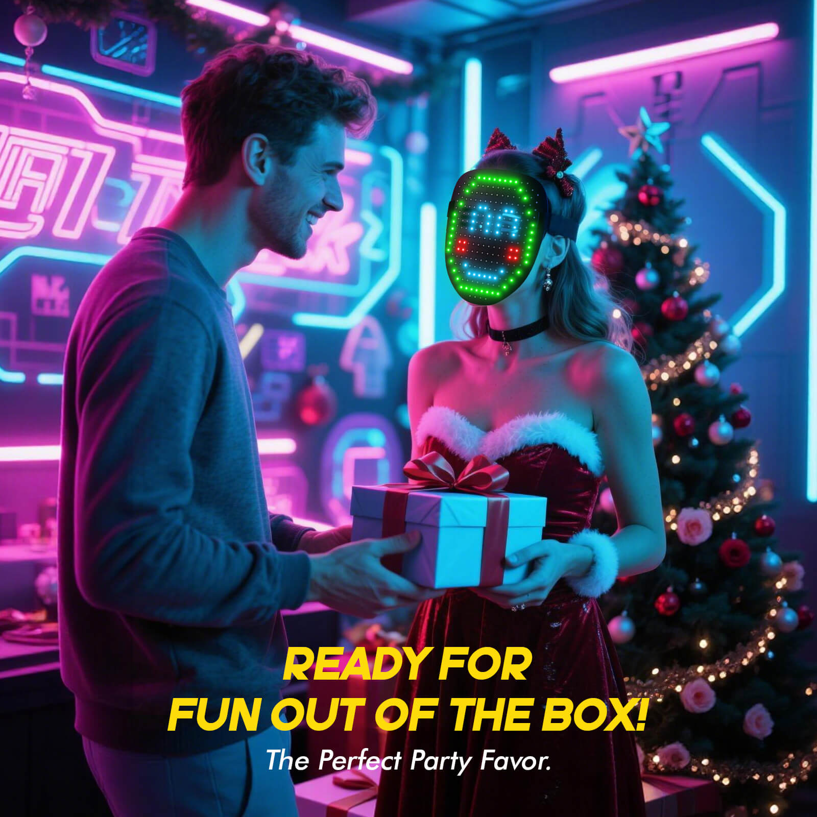 Gelrova Rave™ - Gesture Control Light Up Mask being worn at a festive party setting.