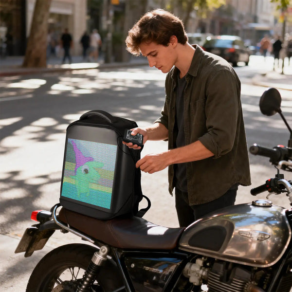 Man inserting the ultra-slim Gelrova portable charger into the dedicated battery pocket of a smart LED backpack.