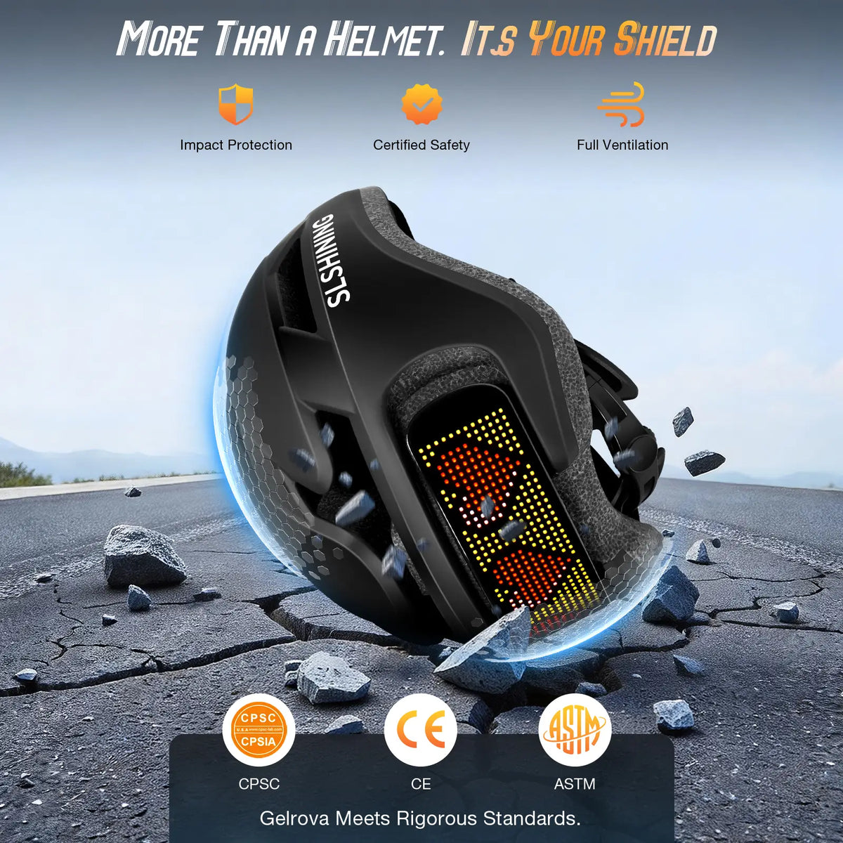 CPSC certified programmable LED bike helmet demonstrating high-impact EPS foam protection for safe cycling.