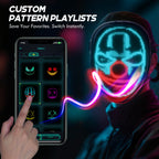 Image of the Gelrova Programmable Edition Light Up Mask with custom pattern playlists displayed on a smartphone.