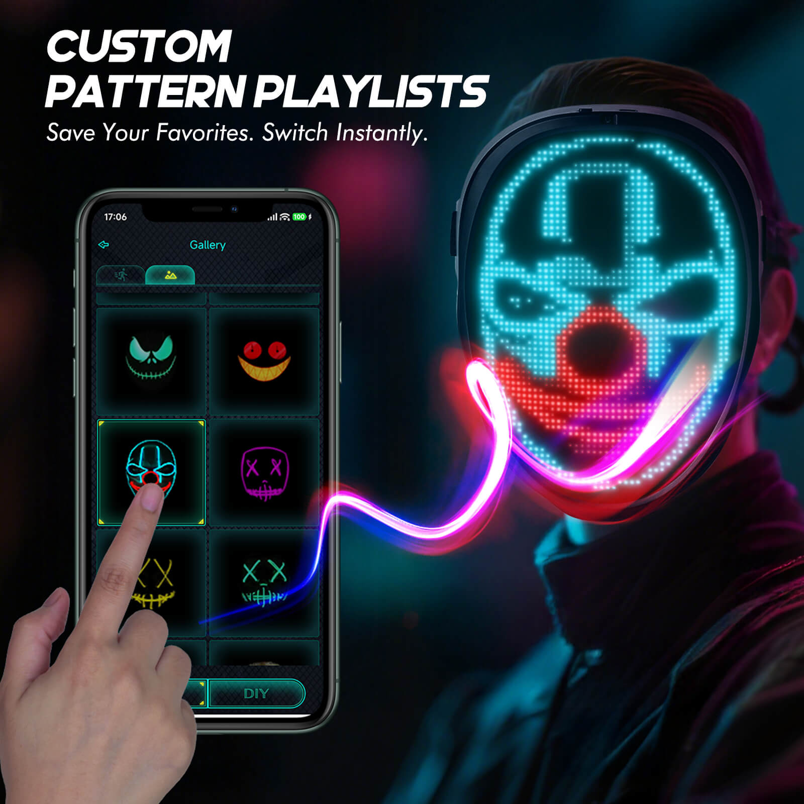 Image of the Gelrova Programmable Edition Light Up Mask with custom pattern playlists displayed on a smartphone.