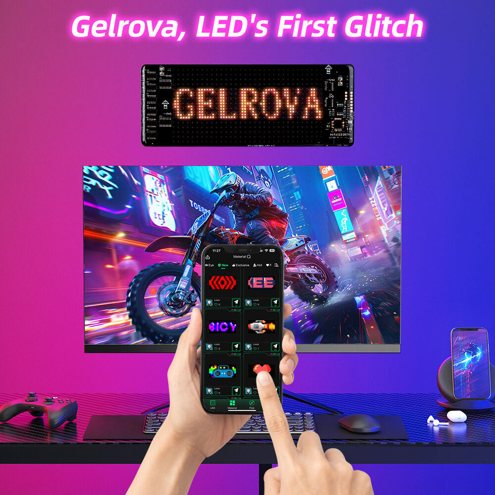 Hands using a smartphone to cast custom glitch text onto the Gelrova programmable LED matrix screen in a desktop setup.