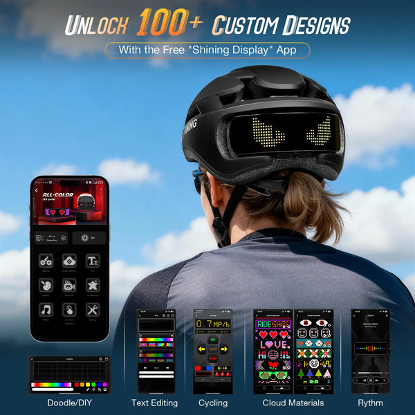 Cyclist using the free smartphone app to create 100+ graphics for their programmable LED bike helmet.