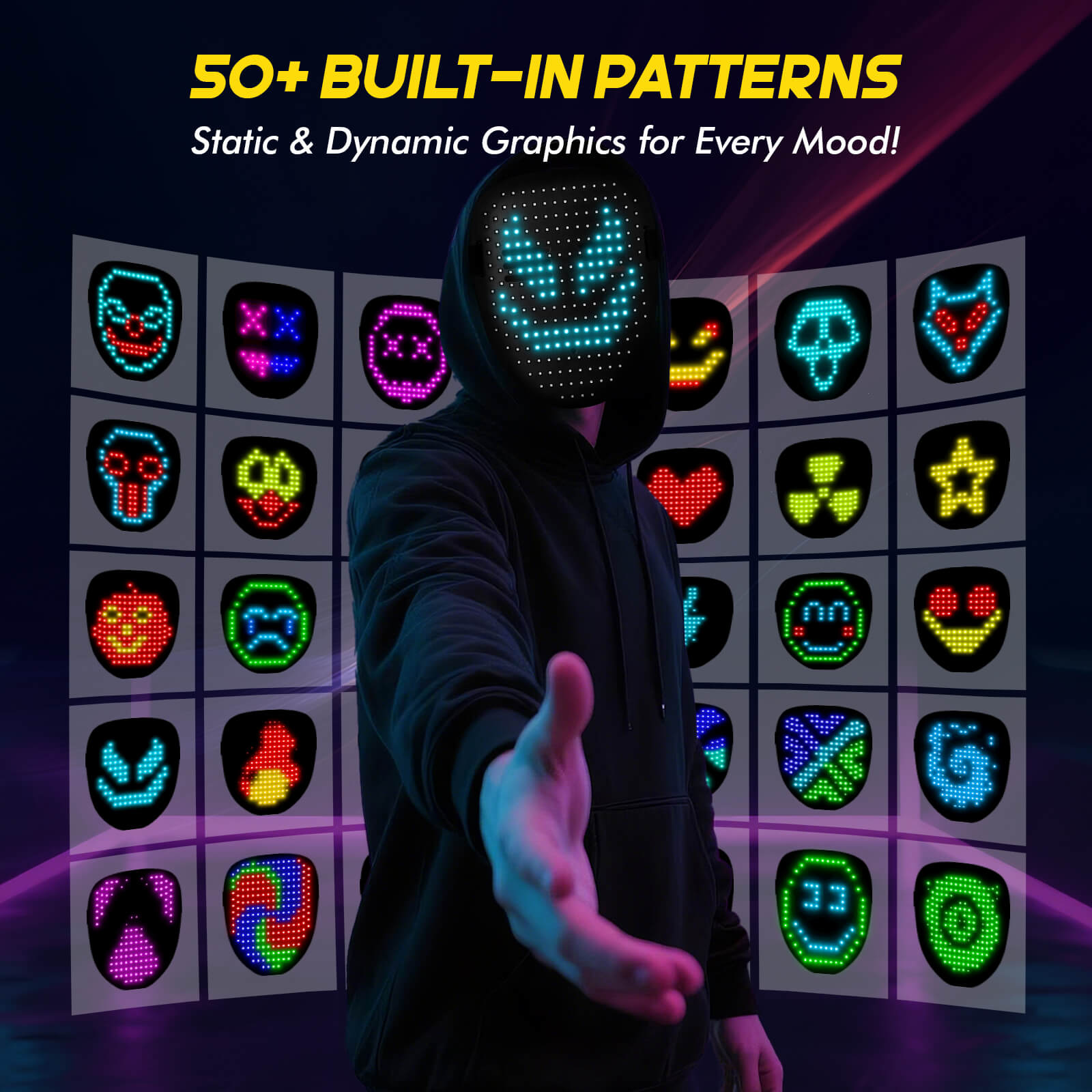 50+ Built-in Patterns showcased with Gelrova Rave™ - Gesture Control Light Up Mask for every mood.