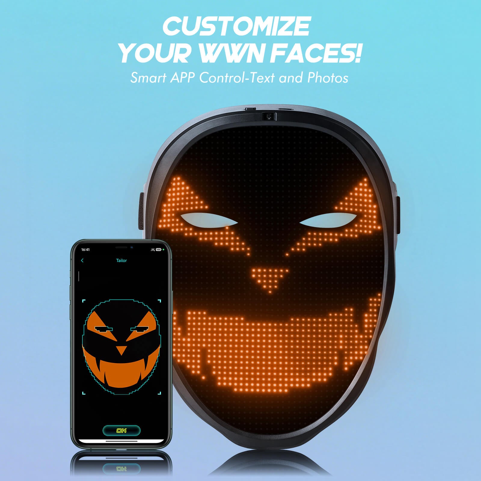 Gelrova Programmable Edition Light Up Mask with customizable designs displayed on smartphone app.