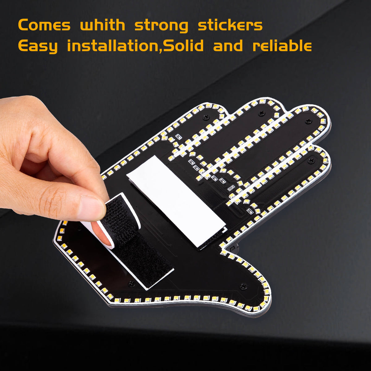 Easy installation of Gelrova LED finger light using strong velcro adhesive strips for rear window.