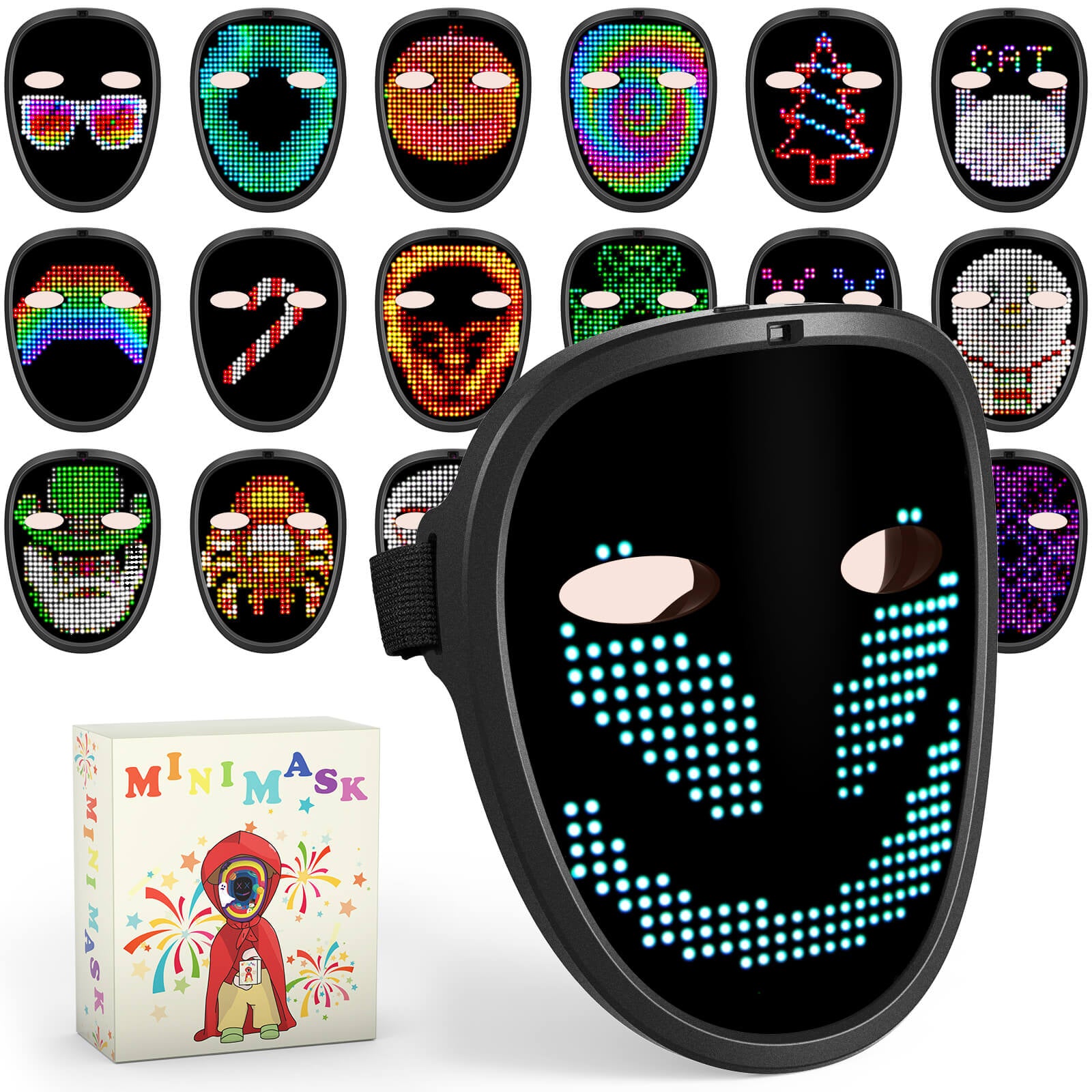 Gelrova Light Up Mask for Kids (Gesture Control) with colorful designs and smiley expressions, great for parties.