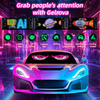 Pink LED demon eyes and custom animations displayed on a sports car windshield using the Gelrova flexible car window LED screen.