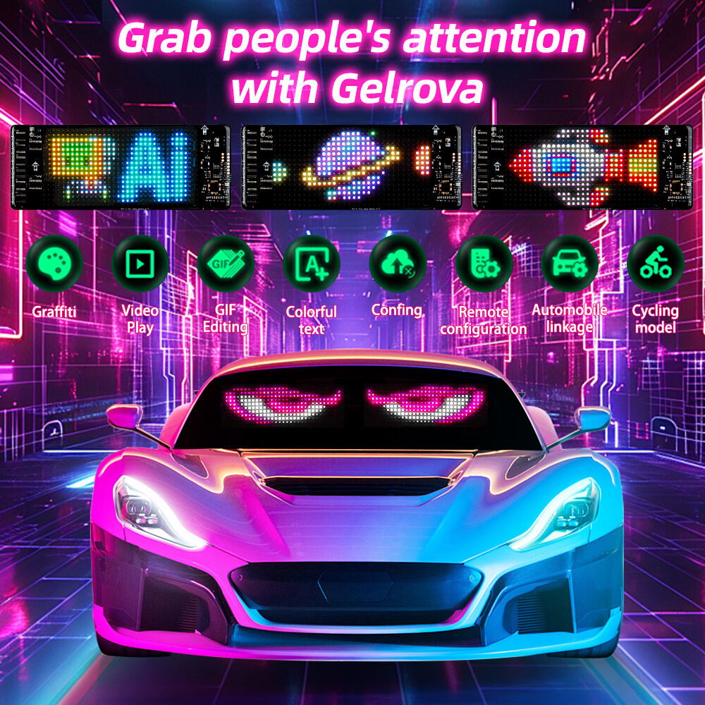 Pink LED demon eyes and custom animations displayed on a sports car windshield using the Gelrova flexible car window LED screen.