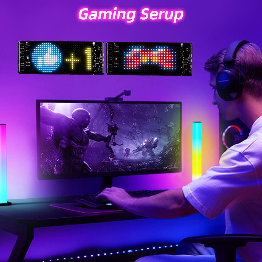 Gelrova K10 Mini flexible LED display used as gaming room wall decor showing a pixel game controller and a thumbs up sign.