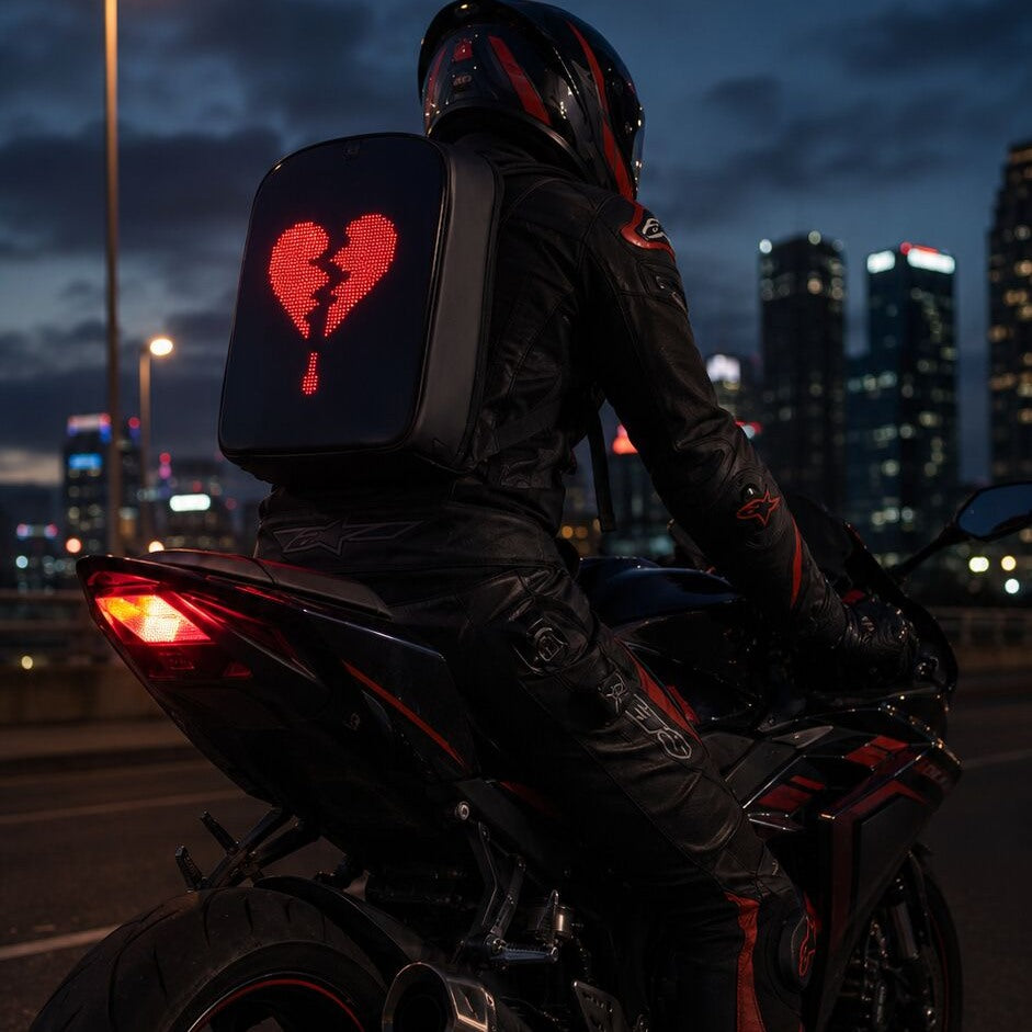 Gelrova Rider wearing a programmable LED backpack on a motorcycle at night